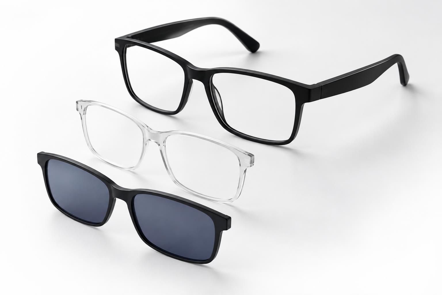 Schwarze EARVIE Brille mit transparenten und blau getönten Wechselgläsern